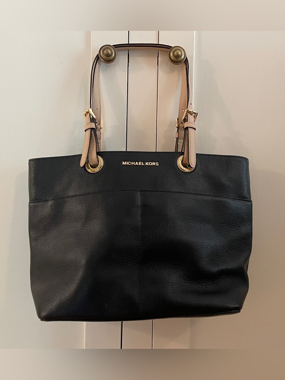 Michael Kors Black Leather Bedford Tote with Beige Handles